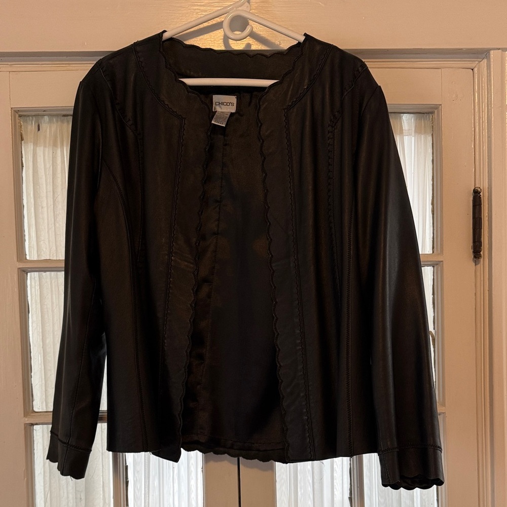 Chico's Elegant Black Leather Scalloped Jacket